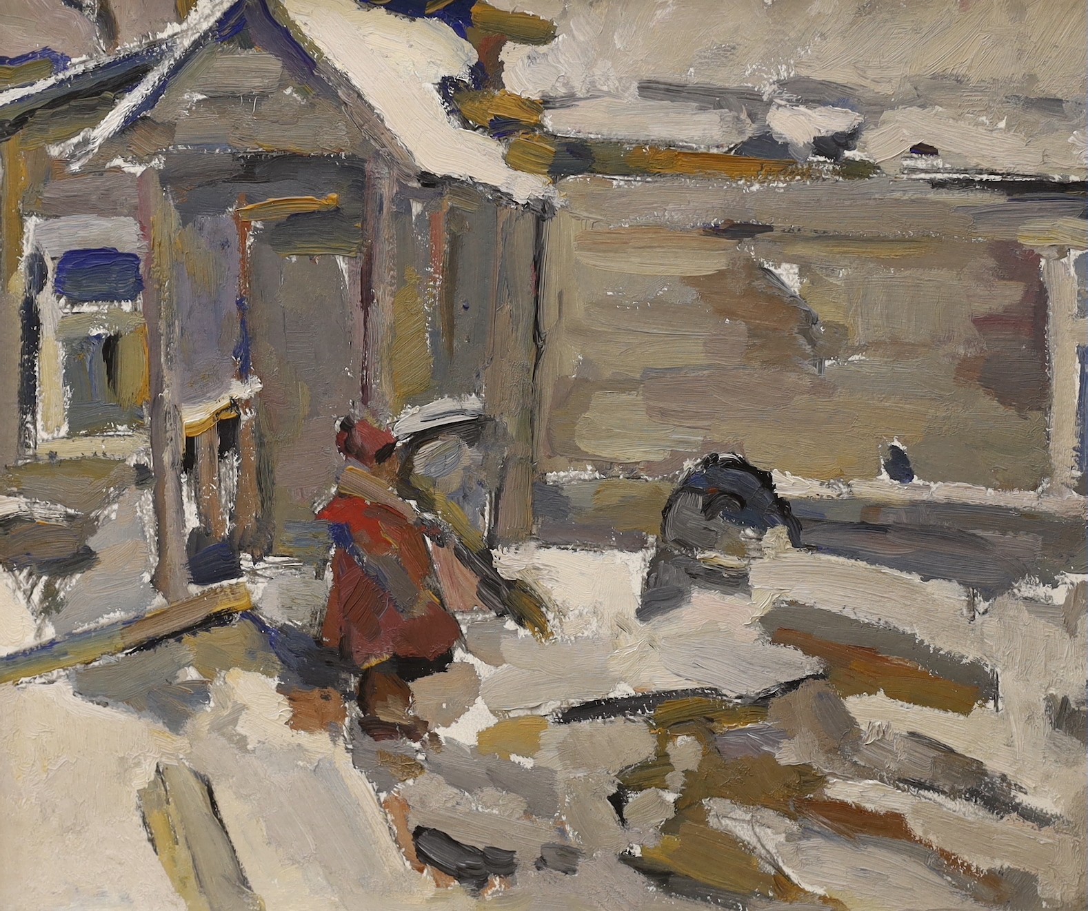 1960's Russian School, oil on card, Figures in the snow, inscribed and dated verso, 40 x 47cm